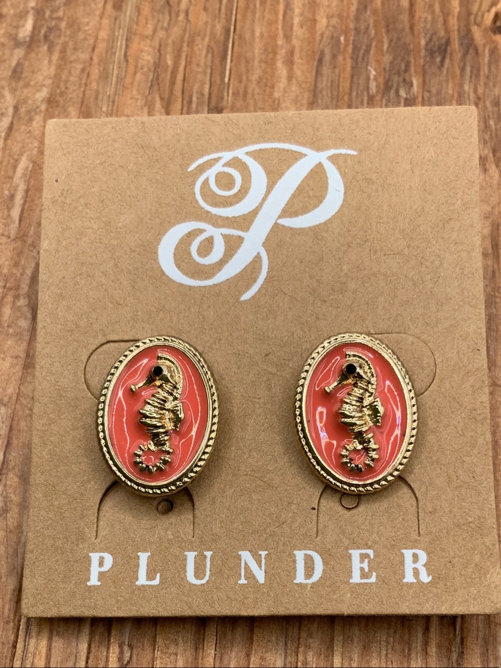 Plunder Design Gold Seahorse Coral Oval Stud Earrings
